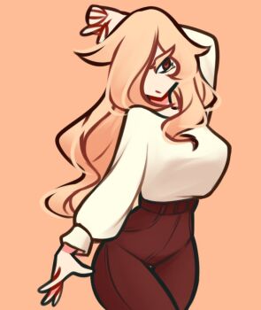 1girl arm_behind_head blonde_hair brown_eyes brown_pants centurii-chan hair_over_one_eye high-waist_pants legate_(centurii-chan) long_hair long_sleeves orange_background original pants shirt solo white_shirt