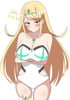 1girl absurdres arms_under_breasts blonde_hair blush breasts choker closed_mouth core_crystal_(xenoblade) crossed_arms earrings hello_pty highres jewelry large_breasts long_hair looking_at_viewer mythra_(radiant_beach)_(xenoblade) mythra_(xenoblade) one-piece_swimsuit smile solo swept_bangs swimsuit thigh_strap white_background white_choker white_one-piece_swimsuit xenoblade_chronicles_(series) xenoblade_chronicles_2