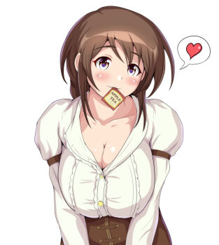 Rule 34 | 1girl, aihara yukino, blush, breasts, brown eyes, brown hair, cleavage, highres, idolmaster, idolmaster cinderella girls, large breasts, leaning forward, looking at viewer, mahira (pixiv174324), smile, solo, upper body