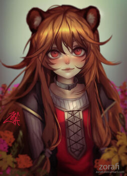 1girl animal_ear_fluff animal_ears artist_name black_dress blurry brown_hair child collar collarbone commentary depth_of_field deviantart_username dress english_commentary flower grey_background hair_between_eyes hair_tubes highres layered_dress long_hair long_sleeves looking_at_viewer messy_hair metal_collar orange_flower pink_flower pinstripe_dress pinstripe_pattern raccoon_ears raccoon_girl raphtalia raphtalia_(young) red_dress red_eyes short_sleeves signature solo tanuki tate_no_yuusha_no_nariagari third-party_source two-tone_dress upper_body watermark web_address white_dress yellow_flower zorafi