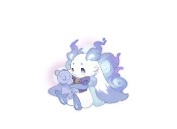 1other blue_eyes chibikemo commentary_request fire flaming_horns full_body furry highres holding holding_stuffed_toy hoshi_rousoku lunlun_(nijisanji) nijisanji purple_fire simple_background sitting solo stuffed_animal stuffed_toy teddy_bear virtual_youtuber white_background