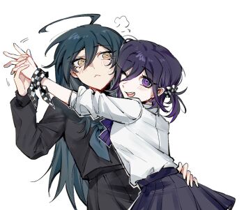 Rule 34 | 2girls, :<, ahoge, alternate costume, alternate hairstyle, arm around waist, black hair, black sailor collar, blue hair, blue neckerchief, blush, bow, bowtie, check commentary, checkered clothes, commentary, commentary request, danganronpa (series), danganronpa v3: killing harmony, eyelashes, from side, genderswap, genderswap (mtf), hair between eyes, holding hands, long hair, long sleeves, looking at viewer, multiple girls, neckerchief, oma kokichi, one eye closed, open mouth, pleated skirt, purple bow, purple bowtie, purple eyes, purple hair, ringed eyes, saihara shuichi, sailor collar, shirt, short hair, short twintails, simple background, skirt, smile, tujiang6, twintails, white shirt, yellow eyes, yuri