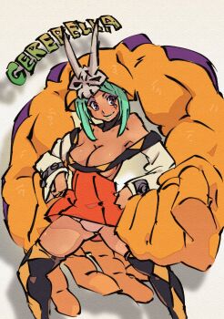 1girl breasts cerebella_(skullgirls) character_name cleavage cowboy_shot dark-skinned_female dark_skin detached_collar dress eyeshadow green_hair green_lips grey_eyes hands_on_own_hips hat kikuta_kouichi large_breasts legs_apart lipstick makeup panties short_dress skullgirls smile solo standing thighhighs underwear vice-versa_(skullgirls)
