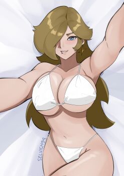 1girl alternate_breast_size_(larger) bed_sheet bikini biting_own_lip blonde_hair blue_eyes breasts hair_over_one_eye highres large_breasts long_hair mario_(series) midriff nintendo outstretched_arms rosalina selvish94 solo super_mario_galaxy swimsuit thighs white_bikini