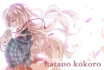 1girl blue_shirt character_name closed_eyes collared_shirt commentary_request floating_hair fox_mask hata_no_kokoro long_hair mask one-hour_drawing_challenge pink_hair pink_skirt plaid_clothes plaid_shirt profile shinjitsu_no_kuchi shirt skirt skirt_cutout solo touhou upper_body white_background wind