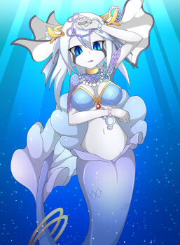 1girl amauchi arm_under_breasts arm_up armor bikini bikini_armor blue_bikini blue_eyes blue_scales bracelet breasts bubble colored_skin commentary_request fins gem gold_necklace hair_between_eyes hair_ornament highres jewelry laura_(mon-musu_quest!) light_rays long_hair looking_at_viewer medium_breasts mermaid mon-musu_quest! monster_girl navel necklace pearl_(gemstone) pearl_bracelet purple_scales red_gemstone ring scales solo swimsuit tail underwater white_hair white_skin