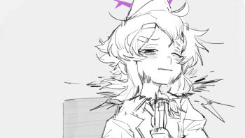 Rule 34 | 1girl, bags under eyes, beret, blue archive, chair, collared shirt, firing, grimace, gun, hair ornament, hairclip, half-closed eyes, halo, haruka (blue archive), hashcurantodash, hat, hatching (texture), holding, holding gun, holding weapon, imminent suicide, jacket, juliet sleeves, linear hatching, long sleeves, looking past viewer, medium hair, monochrome, motion lines, one eye closed, pain, puffy long sleeves, puffy sleeves, shirt, shotgun, sidelocks, sitting, solo, spot color, suicide, upper body, weapon