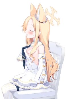 1girl aikumofuwari animal_ears bare_shoulders black_necktie blonde_hair blue_archive blue_necktie blush bow breasts buttons chair closed_eyes clothes_pull cross_halo detached_sleeves dress dress_pull ear_ornament extra_ears flower fox_ears fox_girl frilled_dress frills from_side hair_flower hair_ornament halo highres loli long_hair long_sleeves necktie nipples no_bra no_tail on_chair open_mouth pantyhose pulling_own_clothes seia_(blue_archive) simple_background sitting sleeve_bow sleeves_past_fingers sleeves_past_wrists small_breasts solo striped_clothes striped_pantyhose sweatdrop thigh_strap thighhighs vertical-striped_clothes vertical-striped_pantyhose very_long_hair white_background white_bow white_dress white_sleeves white_thighhighs yellow_bow yellow_halo