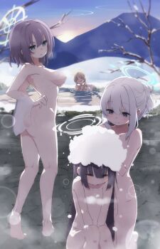 4girls absurdres aqua_eyes asymmetrical_bangs bare_tree barefoot bathing black_hair blue_archive blue_halo blue_sky blurry blurry_background breasts breath bright_pupils brown_hair closed_eyes commentary completely_nude convenient_censoring foam from_behind green_halo hair_bun halo hands_on_own_hips hands_on_own_legs highres kneeling large_breasts lens_flare long_hair looking_at_another low_twintails miyako_(blue_archive) miyu_(blue_archive) moe_(blue_archive) mountain multiple_girls nude onsen open_mouth partially_submerged purple_eyes purple_hair rabbit_platoon_(blue_archive) saki_(blue_archive) short_hair sitting sky snow snow_on_tree standing steam steam_censor stone_floor sun take_mawile towel towel_on_arm tree twintails wet wet_towel white_hair white_halo white_pupils yellow_halo