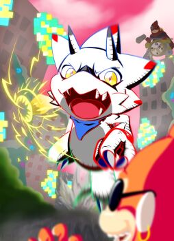 clockmon digimon digimon_(creature) dinosaur etemon gammamon highres looking_at_another monkey sunglasses teeth