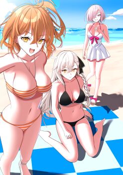 3girls absurdres ahoge asymmetrical_bangs bare_shoulders beach bikini blue_sky braid breasts cleavage commentary dress_swimsuit fate/grand_order fate_(series) fujimaru_ritsuka_(female) fujimaru_ritsuka_(female)_(brilliant_summer) grey_hair grin hair_ornament hair_over_one_eye hair_scrunchie highres large_breasts long_hair looking_at_viewer mash_kyrielight mash_kyrielight_(swimsuit_of_perpetual_summer) multiple_girls navel nigori_(keydoor) ocean olga_marie_animusphere one-piece_swimsuit one_side_up open_mouth orange_bikini orange_eyes orange_hair orange_scrunchie pink_hair purple_eyes sandals scrunchie shore short_hair side_braid sitting sky smile striped_bikini striped_clothes swimsuit thighs white_one-piece_swimsuit