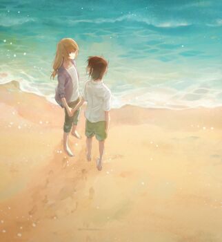 Rule 34 | 2boys, barefoot, beach, blonde hair, brown hair, cardigan, commentary request, day, holding hands, long hair, low-tied long hair, makabe kazuki, male focus, minashiro soushi, multiple boys, outdoors, sawa2, shirt, shore, short hair, shorts, soukyuu no fafner, white shirt, wide shot