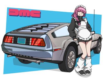 1girl ^_^ absurdres apron black_jacket black_shoes blue_background bocchi_the_rock! braid car closed_eyes closed_mouth delorean fang frilled_shirt_collar frills full_body ghuler grey_car highres hiroi_kikuri jacket jersey_maid long_hair long_sleeves maid maid_apron maid_headdress motor_vehicle puffy_long_sleeves puffy_sleeves purple_hair shoes side_braid smile socks solo standing unconventional_maid vehicle_focus white_apron white_socks