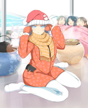 1girl 3others 4girls :&lt; :d :o aimu_(senran_kagura) animal_ears black_hair blue_eyes blush bow brown_hair bucket cape closed_eyes coat cooking cow cow_horns curled_ends curly_hair eyepatch fire floral_print floral_print_coat food food_print fur-trimmed_mittens fur_trim green_cape grey_hair hair_between_eyes hair_bow hat horns leaf leaf_on_head looking_at_viewer macaron_print minori_(senran_kagura) mirai_(senran_kagura) mitsudomoe_(shape) mittens multiple_girls multiple_others ninto_(senran_kagura) official_alternate_costume official_art open_mouth orange_scarf pants pink_blanket pontarou_(senran_kagura) pool rabbit rabbit_ears raccoon red_coat red_eyes red_mittens red_scarf ring_hair_ornament santa_hat scarf senran_kagura senran_kagura_new_wave senran_kagura_shinovi_versus senran_kagura_shoujo-tachi_no_shin&#039;ei short_hair sitting sleeping smile snowman_print socks sparkle steam striped_bow striped_clothes striped_scarf teapot tile_floor tiles tomoe_(symbol) twintails ushiwakamaru_(senran_kagura) vase wariza white_bow white_pants white_socks window yumi_(senran_kagura)