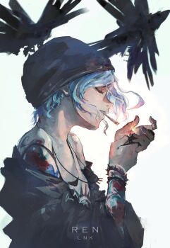 1girl absurdres artist_name beanie black_hat blue_hair chloe_price cigarette from_side hat highres holding holding_lighter life_is_strange_(series) life_is_strange_1 lighter ren_lnk shoulder_tattoo solo tattoo upper_body white_background