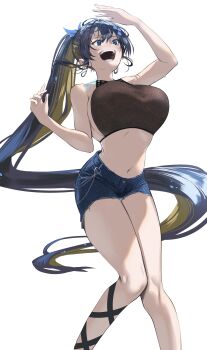 1girl absurdres blue_eyes blue_shorts breasts chain colored_inner_hair commentary_request denim denim_shorts fujisaki_subaru goddess_of_victory:_nikke highres large_breasts long_hair multicolored_hair navel noise_(nikke) open_mouth ponytail shorts simple_background sleeveless solo teeth very_long_hair white_background