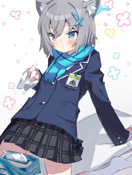 1girl :| abydos_high_school_logo akayama_yukihe animal_ear_fluff arm_support black_jacket black_skirt blue_archive blue_eyes blue_necktie blue_scarf blush bright_pupils closed_mouth commentary cross_hair_ornament dutch_angle expressionless fringe_trim grey_hair hair_between_eyes hair_ornament hand_up highres holding_tissue id_card jacket kneehighs kneeling knees_out_of_frame leaning_back long_sleeves medium_hair miniskirt mismatched_pupils necktie no_shoes pillow plaid_clothes plaid_skirt pleated_skirt scarf school_uniform shiroko_(blue_archive) simple_background skirt socks solo tissue tissue_box white_background white_pupils white_socks