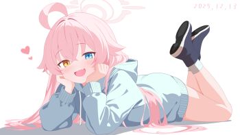 1girl ahoge blue_archive blue_eyes blue_hoodie commentary_request fang full_body halo hands_on_own_cheeks hands_on_own_face heart heterochromia highres hood hood_down hoodie hoshino_(blue_archive) long_hair long_sleeves looking_at_viewer lying on_stomach open_mouth pink_hair pink_halo puffy_sleeves shoes simple_background skin_fang smile solo utocha very_long_hair white_background yellow_eyes