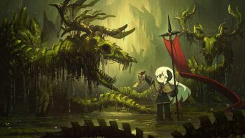 1girl 1other absurdres antlers banner black_eyes black_horns brown_capelet capelet commentary english_commentary fantasy fur_capelet gauntlets highres holding holding_banner holding_newspaper holding_polearm holding_weapon horns long_hair monster newspaper original pants polearm porforever skeleton sunset_(porforever) weapon wetland white_hair