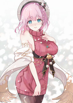 1girl arisaka_luna armlet bell beret black_bow blue_eyes bow braid breasts brown_pantyhose cable_knit christmas commentary_request cowboy_shot dress earrings grey_background hand_on_own_chest hat hat_bow hat_ornament highres jewelry large_breasts looking_at_viewer necklace open_mouth pantyhose pearl_necklace pink_hair pom_pom_(clothes) pom_pom_earrings pom_pom_hat_ornament princess_connect! red_dress red_ribbon red_sweater ribbon shawl shirt short_hair single_braid sleeveless sleeveless_shirt sleeveless_turtleneck smile snowflake_necklace snowing solo sweater sweater_dress turtleneck white_hat white_shawl yui_(christmas)_(princess_connect!) yui_(princess_connect!)