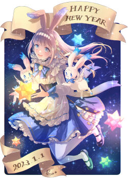 1girl absurdres animal_ears apron blue_eyes chinese_zodiac commentary_request dress full_body grey_hair happy_new_year highres long_hair looking_at_viewer mary_janes new_year original pantyhose peco_(ppeco0) polyhedron rabbit rabbit_ears shoes smile star_(sky) white_pantyhose year_of_the_rabbit