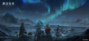 1boy 3girls apron arm_up aurora black_dress blue_hair blue_sky boots brown_dress brown_hair cloak coat colored_inner_hair copyright_name copyright_notice ding_(vessel) dress facing_away facing_up floating_hair from_behind grey_boots grey_coat grey_dress han_zhang_(reverse:1999) hand_up highres hissabeth jacket kiperina lantern logo long_hair low_ponytail mountain multicolored_hair multiple_girls name_day_(reverse:1999) newt night night_sky official_art official_wallpaper on_rock outdoors pantyhose ponytail red_cloak reverse:1999 salamander scenery short_dress short_hair sitting sky snow star_(sky) starry_sky voyager_(reverse:1999) white_apron white_jacket white_pantyhose wide_shot