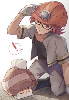 ! 1boy arm_up black-framed_eyewear black_boots black_shirt blurry boots commentary_request glasses gloves grey_jacket grey_pants helmet highres jacket kneeling male_focus nacli nintendo pants pokemon pokemon_(creature) pokemon_dppt red_eyes red_hair roark_(pokemon) shirt short_sleeves sioinari_03 spoken_exclamation_mark white_background white_gloves
