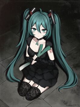 1girl alternate_costume aqua_eyes aqua_hair artist_name black_choker black_dress black_thighhighs breasts choker cleavage closed_mouth commentary demon_horns dress elbow_gloves fingerless_gloves food full_body garter_straps gloves hair_between_eyes hatsune_miku highres holding holding_food holding_spring_onion holding_vegetable horns lace lace_gloves lace_thighhighs long_hair looking_at_viewer on_floor short_dress short_sleeves sitting spring_onion thighhighs twintails vegetable very_long_hair vickie_(cryingrobot) vocaloid