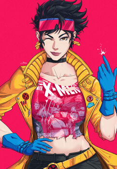 1girl artist_name beast_(x-men) black_choker black_hair black_pants blue_gloves brown_eyes choker closed_mouth coat collarbone commentary company_name copyright_name cyclops_(x-men) earrings eyewear_on_head gambit gloves hand_on_own_hip highres jean_grey jewelry jhony_caballero jubilee looking_at_viewer marvel navel one_eye_closed pants pink_background rogue_(x-men) shirt short_hair simple_background smile solo torn_clothes torn_shirt wolverine_(x-men) x-men yellow_coat