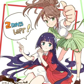 Rule 34 | 2girls, artist name, blue bow, blush, bow, breasts, brown hair, closed mouth, collared dress, collared shirt, commentary request, countdown, dated, dress, english text, finger counting, finger counting duo, floating hair, goto akira, green eyes, green jacket, green skirt, hair bow, hair spread out, holding hands, ikizulive! love live! bluebird, interlocked fingers, jacket, komagata hanabi, leaning forward, long hair, long sleeves, looking at viewer, love live!, medium breasts, midriff, miniskirt, multiple girls, navel, pinky out, pinstripe dress, pinstripe jacket, pinstripe pattern, pinstripe skirt, pleated skirt, purple hair, red dress, shared speech bubble, shirt, short sleeves, signature, skirt, smile, speech bubble, split mouth, thumbs up, very long hair, white dress, white shirt, yorimichi blue