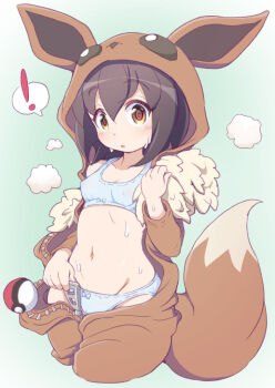 ! 1girl blue_bra blue_panties blush bow bow_bra bow_panties bra breasts brown_eyes brown_hair commentary_request cosplay covered_erect_nipples eevee eevee_(cosplay) eevee_ears eevee_tail female_focus gen_1_pokemon hand_up hood hood_up loli long_sleeves looking_at_viewer medium_hair navel nintendo onesie panties parted_lips poke_ball poke_ball_(basic) poke_kid_(pokemon) pokemon pokemon_swsh solo spoken_exclamation_mark sweat tomagiri underwear unzipped zipper_pull_tab