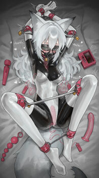 Rule 34 | 1girl, absurdres, ahegao, anal beads, animal ear fluff, animal ears, blindfold, blue eyes, bodysuit, breasts, chain, collar, commentary, cuffs, dildo, dildo gag, egg vibrator, elbow gloves, english commentary, fox ears, fox girl, fox tail, gag, gagged, gloves, green eyes, handcuffs, heterochromia, highres, hitachi magic wand, impossible bodysuit, impossible clothes, large variant set, latex, latex bodysuit, leotard, lock, lockbox, long hair, looking at viewer, medium breasts, object insertion, open mouth, original, panel gag, restrained, saaal653, sex toy, shackles, skin tight, spread legs, spreader bar, tail, thighhighs, vaginal, vaginal object insertion, variant set, very long hair, vibrator, white gloves, white thighhighs, x-ray