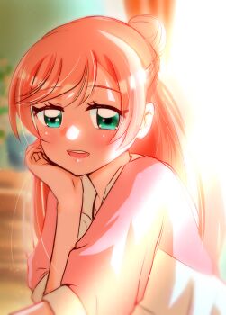 Rule 34 | 1girl, absurdres, blurry, blurry background, buta obutu, casual, depth of field, dress, elbow rest, green eyes, hair bun, hair ribbon, half-closed eyes, head rest, highres, hirogaru sky! precure, indoors, light blush, long hair, long sleeves, looking at viewer, nijigaoka mashiro, open mouth, pink dress, pink hair, precure, ribbon, sidelighting, single hair bun, smile, solo, sunlight, two-tone dress, upper body, white dress, white ribbon