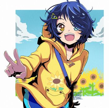 1girl blue_eyes blue_hair brown_eyes floral_print flower gurepyon hair_ornament hairclip heterochromia hood hoodie non-web_source ooto_ai open_mouth sunflower sunflower_print teeth third-party_source upper_teeth_only v wonder_egg_priority
