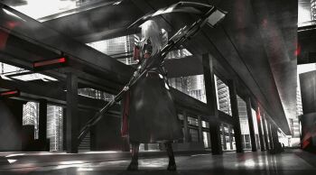 1girl 3d animal_ears bridge building cloud highres holding holding_scythe holding_weapon long_hair original outdoors reflection reverse_grip scenery science_fiction scythe solo stairs standing tuda6 weapon white_hair