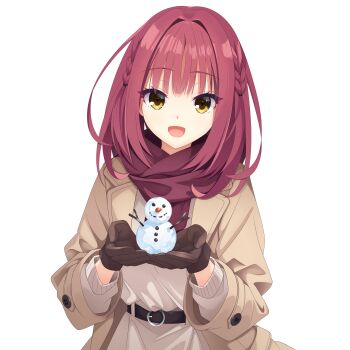 1girl :d absurdres alternate_costume belt black_belt blunt_bangs braid brown_coat brown_gloves coat commentary_request cowboy_shot eyelashes eyes_visible_through_hair futamihara_ririko gloves grey_sweater highres holding_snowman kaon_zz limelight_lemonade_jam looking_at_viewer making-of_available medium_hair open_clothes open_coat open_mouth paid_reward_available red_hair red_scarf revision scarf side_braids simple_background smile snowman solo sweater white_background winter_clothes yellow_eyes