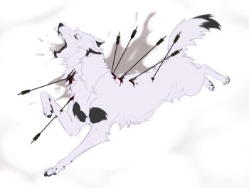 animal animal_ears animal_focus animal_hands arrow_(projectile) black_mouth blackscour blood blood_on_body closed_eyes dog_paws fangs full_body injury no_humans open_mouth original running simple_background tail white_fur white_wolf wolf wolf_ears