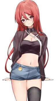 1girl black_shirt blue_shorts breasts brown_jacket cleavage collared_jacket commentary cowboy_shot crop_top denim denim_shorts glasses highres jacket long_hair long_sleeves looking_at_viewer medium_breasts midriff mingita_(ry_thae) navel open_clothes open_jacket original parted_lips red_eyes red_hair ry_thae semi-rimless_eyewear shirt short_shorts shorts simple_background single_thighhigh solo thighhighs white_background