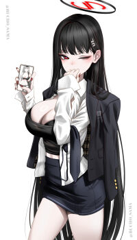 Rule 34 | 1girl, absurdres, alternate costume, artist name, black bra, black hair, black halo, black jacket, black necktie, blue archive, bra, bra peek, breasts, bright pupils, bucho sama, hair ornament, hairclip, halo, highres, holding, holding phone, jacket, jacket on shoulders, large breasts, looking at viewer, millennium science school logo, miniskirt, multicolored halo, nail polish, necktie, one eye closed, open clothes, open shirt, phone, red eyes, ringed eyes, rio (blue archive), shirt, skirt, smile, two-tone halo, underwear, unworn necktie, white background, white pupils, white shirt