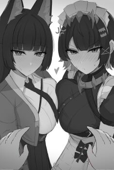 2girls absurdres anger_vein animal_ear_fluff animal_ears blush breast_press breasts ellen_joe fox_ears hakama highres hoshimi_miyabi jacket japanese_clothes jewelry large_breasts light_frown maid maid_headdress monochrome multiple_girls namikare necklace necktie pov pov_hands sweat symmetrical_docking take_your_pick tooth_necklace zenless_zone_zero