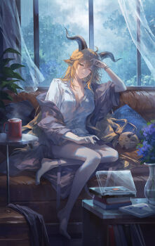 1girl ahoge animal_ears arknights black_horns blonde_hair book breasts collarbone commentary couch crossed_bangs cup curled_horns curtains degenbrecher_(arknights) dragon_bubble_(arknights) drink english_commentary flower flower_pot full_body hair_between_eyes half-closed_eye hand_on_own_head helen_zzhao highres horns indoors light_particles long_hair looking_at_viewer medium_breasts mug no_bra off_shoulder on_couch one_eye_closed parted_lips plant purple_flower purple_robe rain robe shirt sitting solo table twitter_username water watermark white_shirt wind window