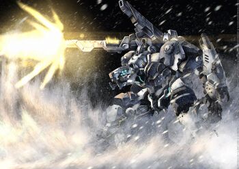 Rule 34 | blizzard, commentary, commission, deviantart username, email address, energy gun, english commentary, firing, gloomflower, hentai-foundry username, highres, mecha, mecha focus, motion blur, muzzle flash, no humans, original, outdoors, patreon username, robot, science fiction, shoulder cannon, signature, snow, snowing, squatting, twitter username, weapon, winter