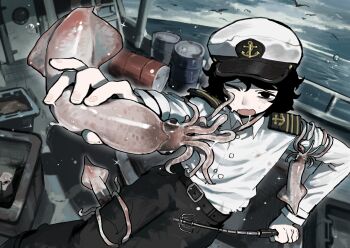1girl absurdres anchor_symbol bags_under_eyes belt bird black_eyes black_hair black_pants blush boat cloud cloudy_sky commentary commission day drum_(container) english_commentary hat highres holding long_sleeves looking_at_viewer military_uniform naval_uniform one_eye_closed open_mouth original outdoors pants peaked_cap second-party_source short_hair skeb_commission sky solo sparkle squid sweat syakunetuu water water_drop watercraft white_hat