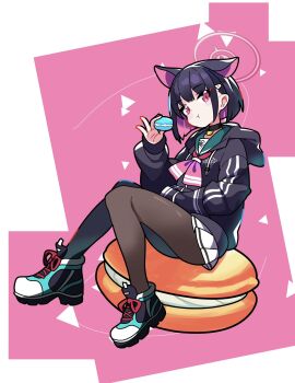 1girl animal_ears aqua_shoes black_choker black_hair black_hoodie black_pantyhose blue_archive cat_choker cat_ears cat_girl chewing choker colored_inner_animal_ears colored_inner_hair commentary_request extra_ears food green_sailor_collar hair_ornament hairclip halo highres holding holding_food hood hood_down hoodie kazusa_(blue_archive) macaron multicolored_hair neckerchief oversized_food oversized_object pantyhose pink_background pink_eyes pink_hair pink_halo pink_neckerchief pleated_skirt poipoi_v_game sailor_collar shapes_background shoes sidelocks sitting sitting_on_food skirt sneakers solo trinity_general_school_logo two-tone_background two-tone_hair white_background white_skirt
