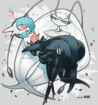 @_@ akadako alternate_color antennae artist_name black_dress black_gloves blue_hair carrying colored_skin dress elbow_gloves gardevoir gen_3_pokemon gen_7_pokemon gloves grey_background highres mega_gardevoir mega_pokemon nintendo pheromosa pink_eyes pokemon pokemon_(creature) princess_carry purple_eyes shiny_pokemon strapless strapless_dress sweatdrop ultra_beast white_skin