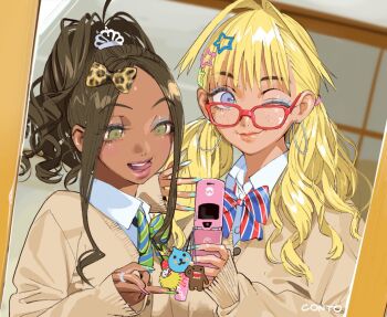 Rule 34 | 2girls, beatriz (conto), blue eyes, bow, bowtie, brown hair, cardigan, catherine (conto), cellphone, collared shirt, conto, earrings, fingernails, flip phone, freckles, glasses, green eyes, hair bow, hair ornament, hairclip, hoop earrings, jewelry, long fingernails, long hair, makeup, mirror selfie, multiple girls, nail polish, one eye closed, open mouth, original, phone, selfie, shirt, strap, striped bow, tiara, tongue, tongue out, white shirt