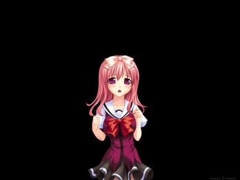 1girl asahina_hiyori_(hara_hara!!) black_background blush bow bowtie breasts clenched_hands collarbone cowboy_shot fumizuki_yukari game_cg grey_skirt hair_between_eyes hair_bow hands_up hara_hara!! large_breasts long_hair looking_at_viewer miniskirt non-web_source open_mouth pink_bow pink_eyes pink_hair pleated_skirt raised_inner_eyebrows red_bow sailor_collar school_uniform serafuku short_sleeves simple_background skirt solo standing tachi-e tareme variant_set white_sailor_collar