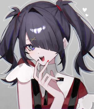 1girl :d ame-chan_(needy_girl_overdose) black_eyes black_hair black_nails hair_ornament hair_over_one_eye highres long_hair nail_polish nakataa_7 needy_girl_overdose open_mouth red_nails red_shirt shirt smile solo suspenders twintails upper_body x_hair_ornament
