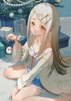 1girl absurdres belt bird blonde_hair blue_shorts blush box brown_belt camisole charm_(object) christmas_ornaments christmas_tree closed_mouth collarbone colored_eyelashes commentary_request denim denim_shorts fingernails flipped_hair full_body gakuen_idolmaster gift gift_box gradient_hair grey_hair hair_ornament hairclip hand_up highres holding holding_charm idolmaster indoors long_hair long_sleeves looking_at_viewer multicolored_hair nagi_(pickles_pipipi) on_floor open_clothes open_robe orange_eyes orange_ribbon owl parallel_hairclips parted_bangs ribbon robe rope_belt shinosawa_hiro shorts sitting smile solo wariza white_camisole white_robe wide_sleeves wristband