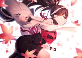 1girl akami_fumio autumn_leaves black_skirt blurry blurry_background blurry_foreground brown_eyes brown_hair closed_mouth commentary_request depth_of_field fate/grand_order fate_(series) from_side hair_between_eyes holding holding_sheath holding_sword holding_weapon kawakami_gensai_(fate) leaf long_hair long_sleeves maple_leaf multicolored_hair ponytail profile sheath simple_background skirt solo streaked_hair sword unsheathed very_long_hair weapon white_background white_hair wide_sleeves